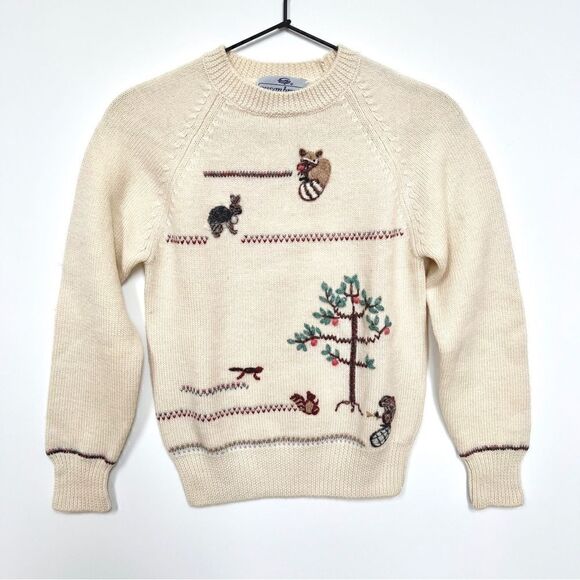 Vintage 1980s Susan Bristol Hand Embroidered Sweater Woodland Animals 100% Wool - Picture 1 of 11